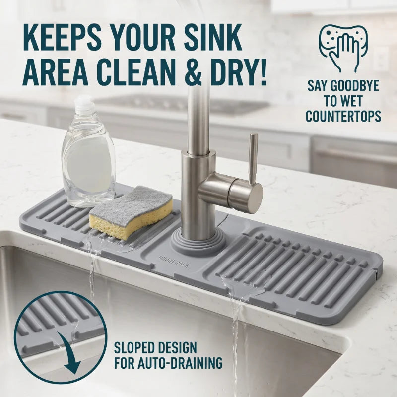 Silicone Faucet Splash Pad with Drainage Tray for Kitchen Sink Anti-Splash Mat