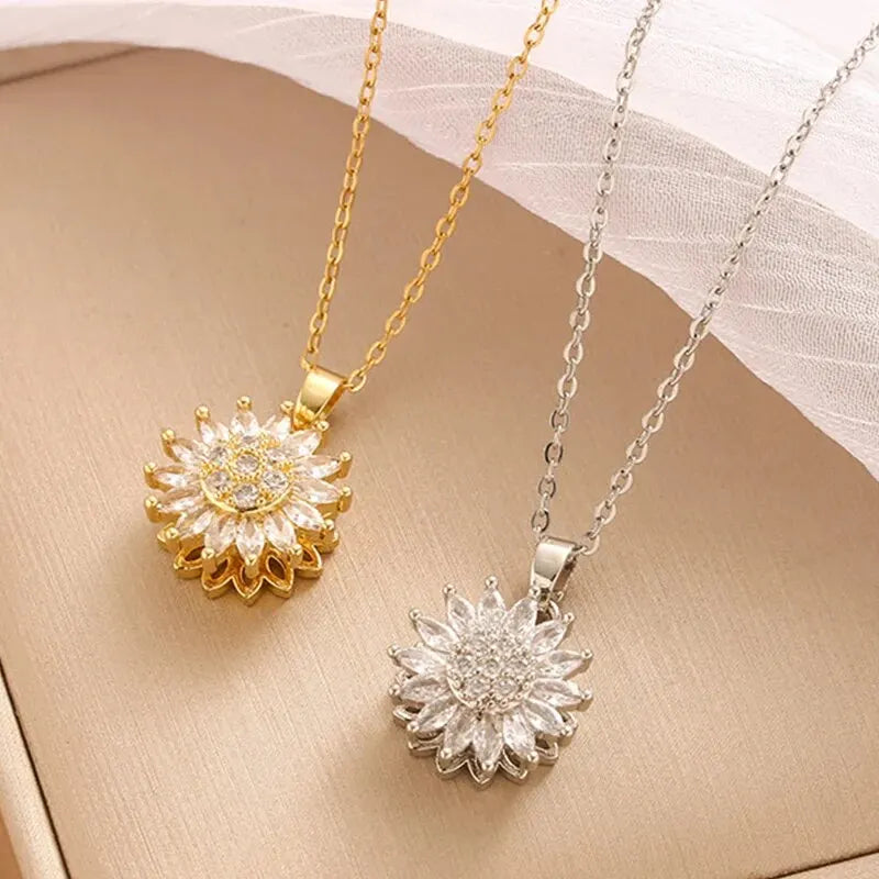 Trendy Spin Sunflower Necklace for Women Stainless Steel Zircon Jewelry