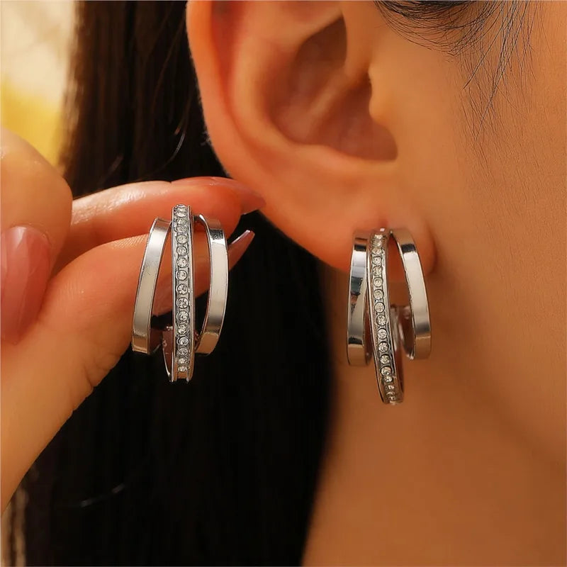 Simple Zircon C Shape Earrings for Women Three-Layer Circle Jewelry Gift