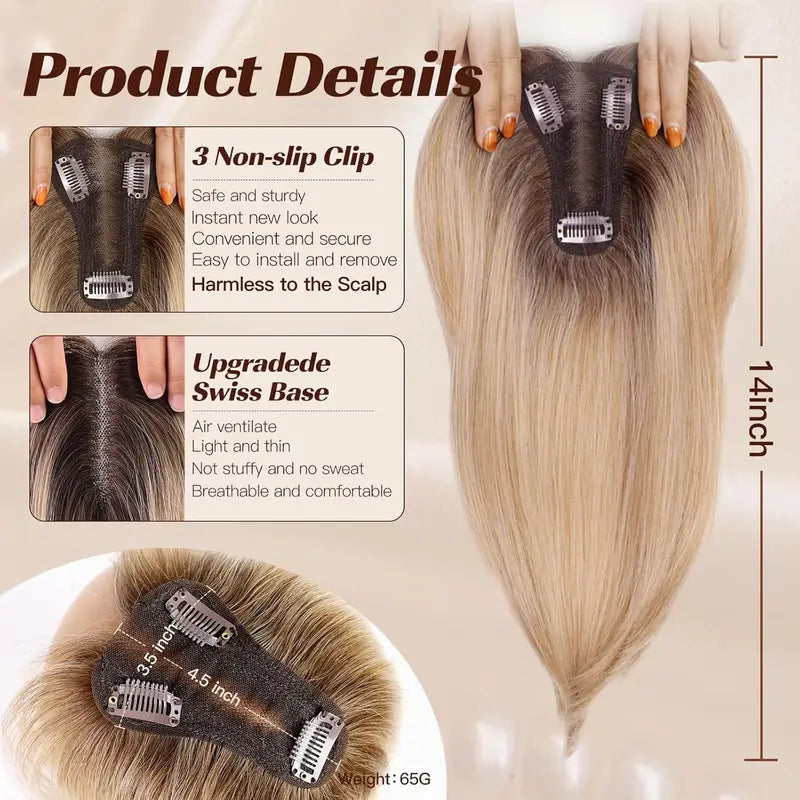 14 Inch Ombre Blonde Layered Hair Topper with Bangs for Women Synthetic Hair with Swiss Base and Clips
