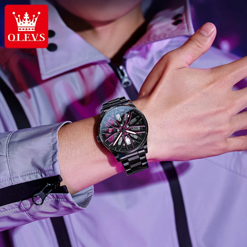 Men's Quartz Watch with Luminous Dial Waterproof Stainless Steel Rotatable Wheel Hub