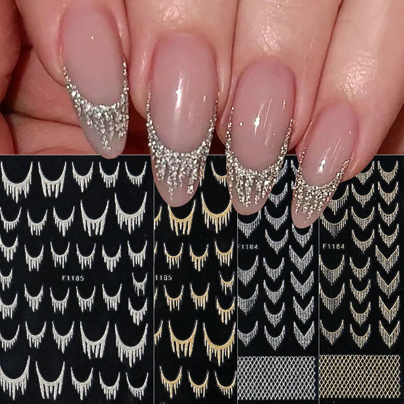 Reflective Glitter French Nail Art Stickers - Gold Silver Geometric Decals for DIY Manicure