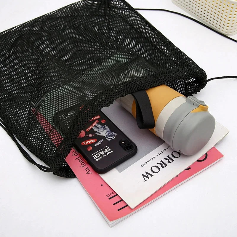 Heavy Duty Mesh Drawstring Bag for Sports, Gym & Travel - Black