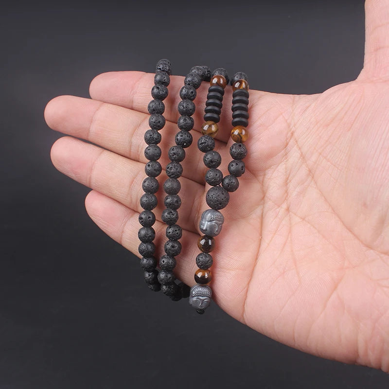 Lava Stone Tiger Eye Beaded Necklace with Buddha Head Pendant - Unisex Jewelry