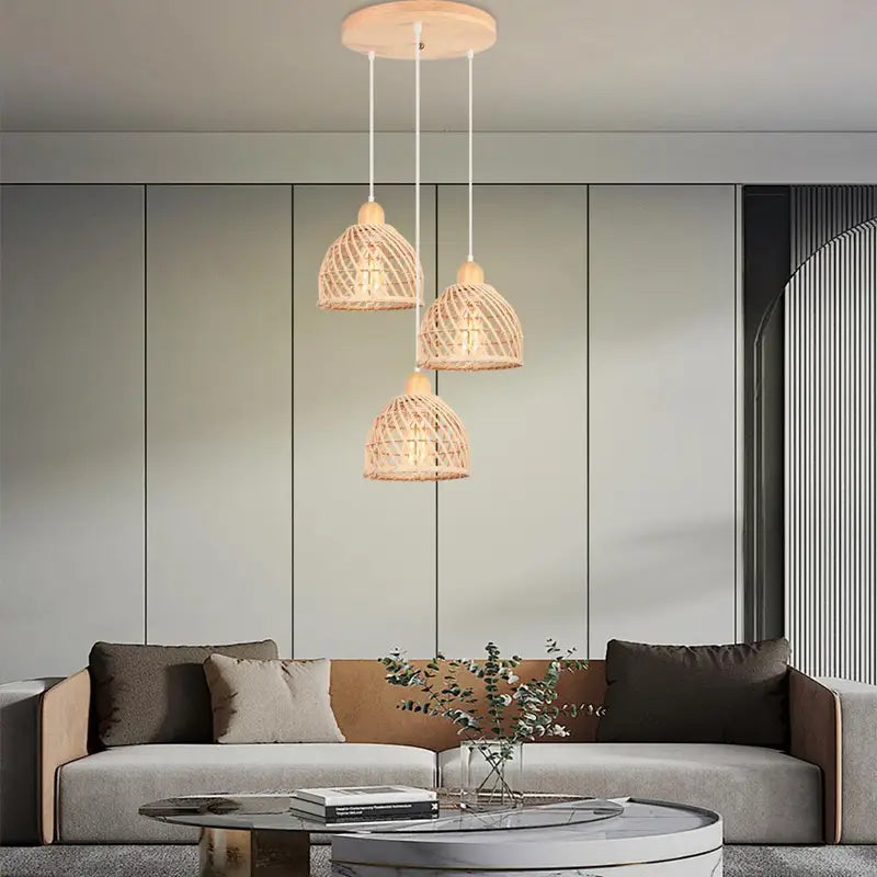 Vintage Bamboo Wicker Rattan Pendant Light Shade - Hanging Ceiling Lamp for Living Room & Kitchen