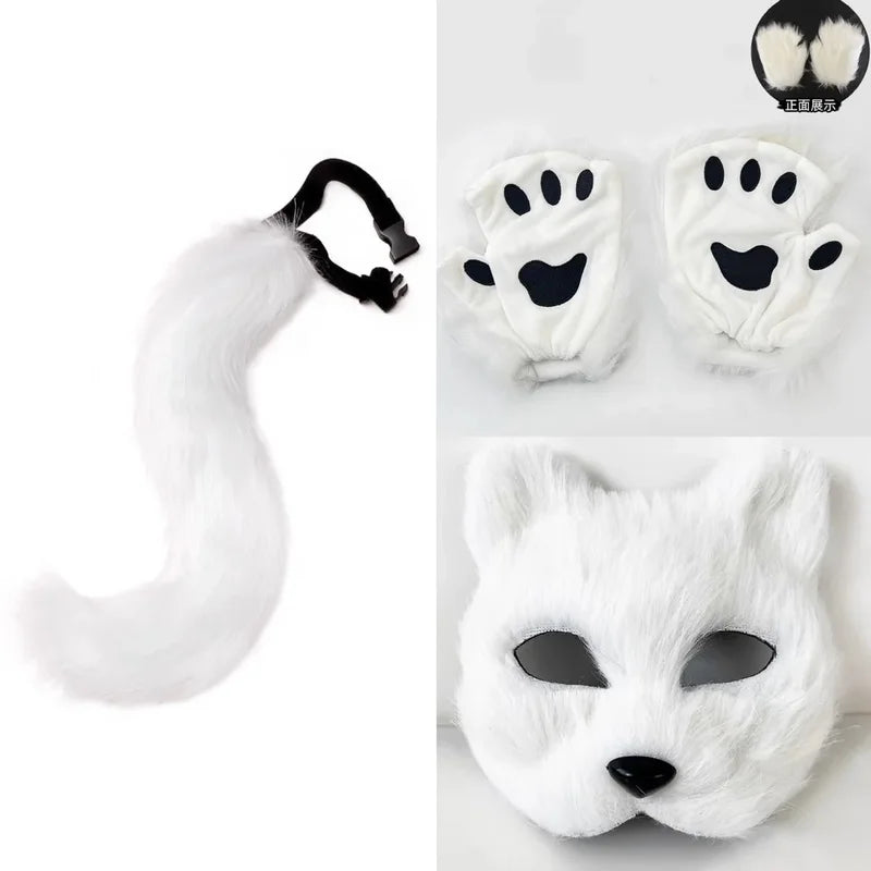 Fox Half Face Mask with Tail and Gloves Costume Set for Halloween Cosplay