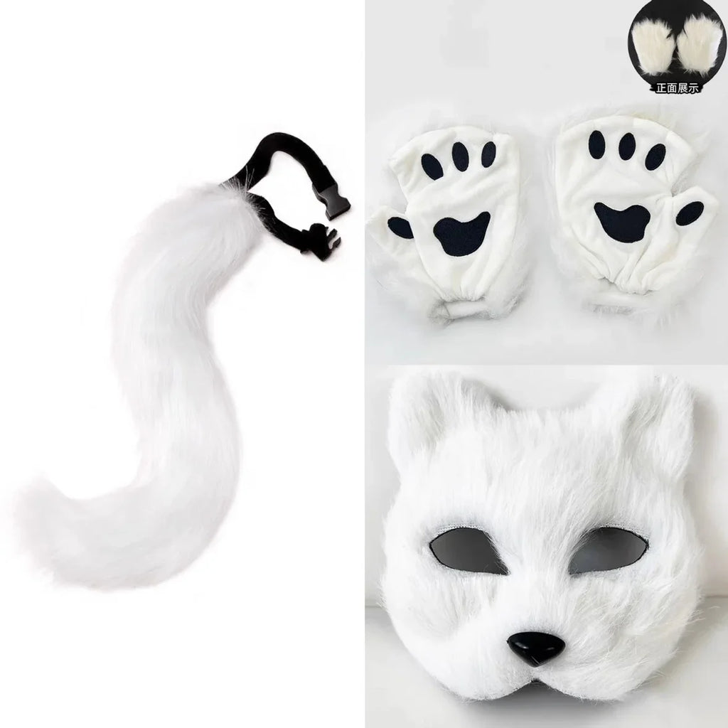 Fox Half Face Mask with Tail and Gloves Costume Set for Halloween Cosplay