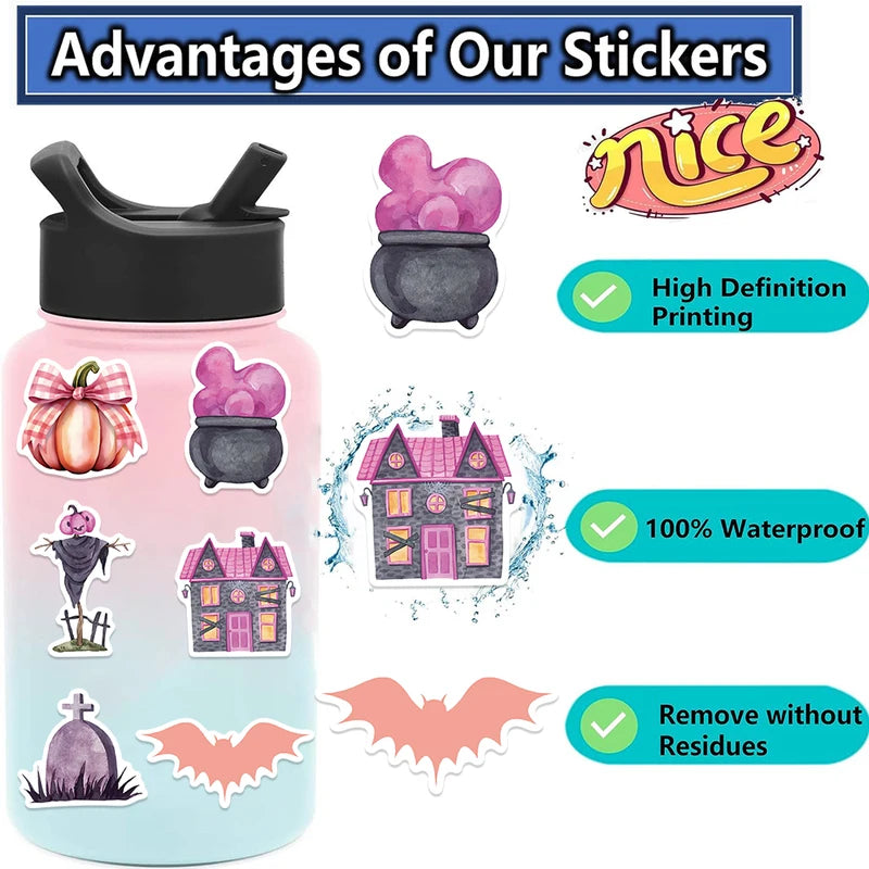 50PCS Waterproof Kawaii Halloween Ghost Skull Pumpkin Stickers for Notebooks & Crafts