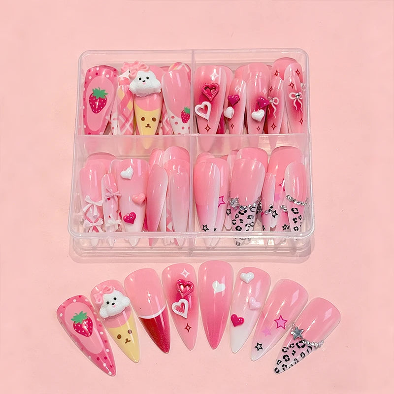 3D Pink Sweet Bow Heart Fake Nails Long Almond False Nails with Rhinestones