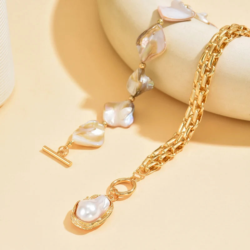 Boho Pearl Choker Necklace with Asymmetric Cuban Link Chain - Summer Beach Jewelry