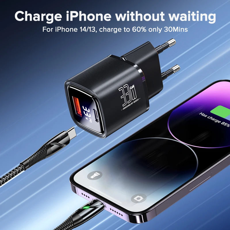 33W GaN Dual-Port Fast Charger Adapter USB C & USB A Compatible with Smartphone Tablet
