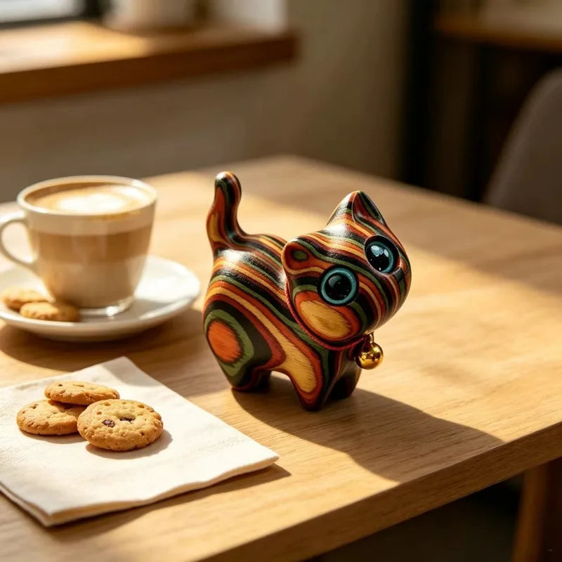 Painted Wooden Cat Sculpture - Small Kitten Home Decor Ornament