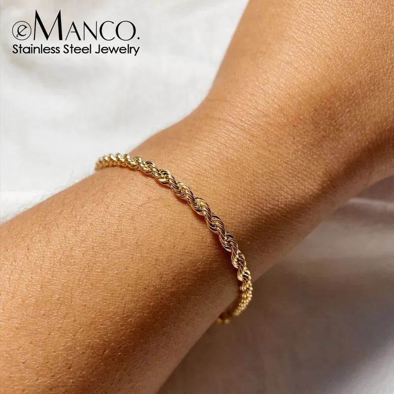 Gold Color Stainless Steel Rope Chain Bracelet for Women - Hip Hop Punk Fashion Jewelry