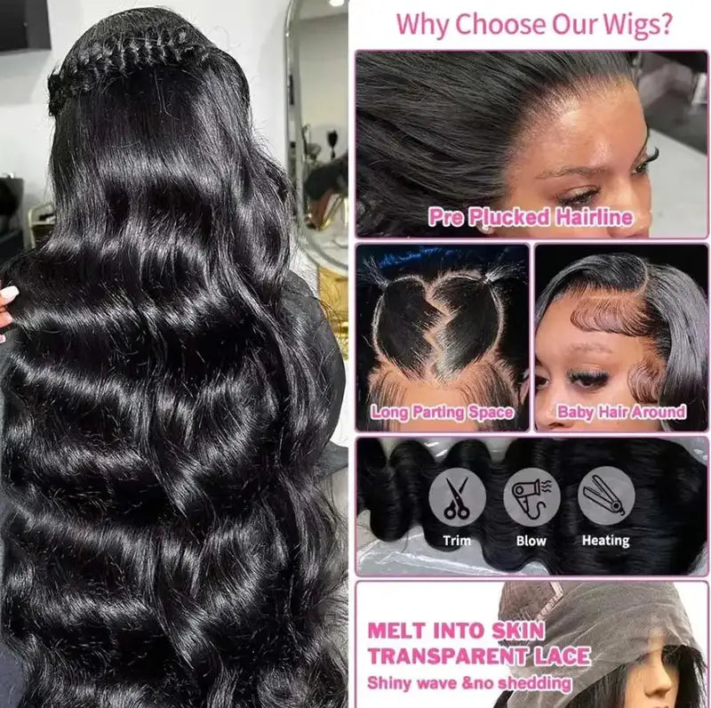 Silky Natural Black Body Wave Lace Front Wig 16-42 Inches, 250 Density, Pre-Plucked