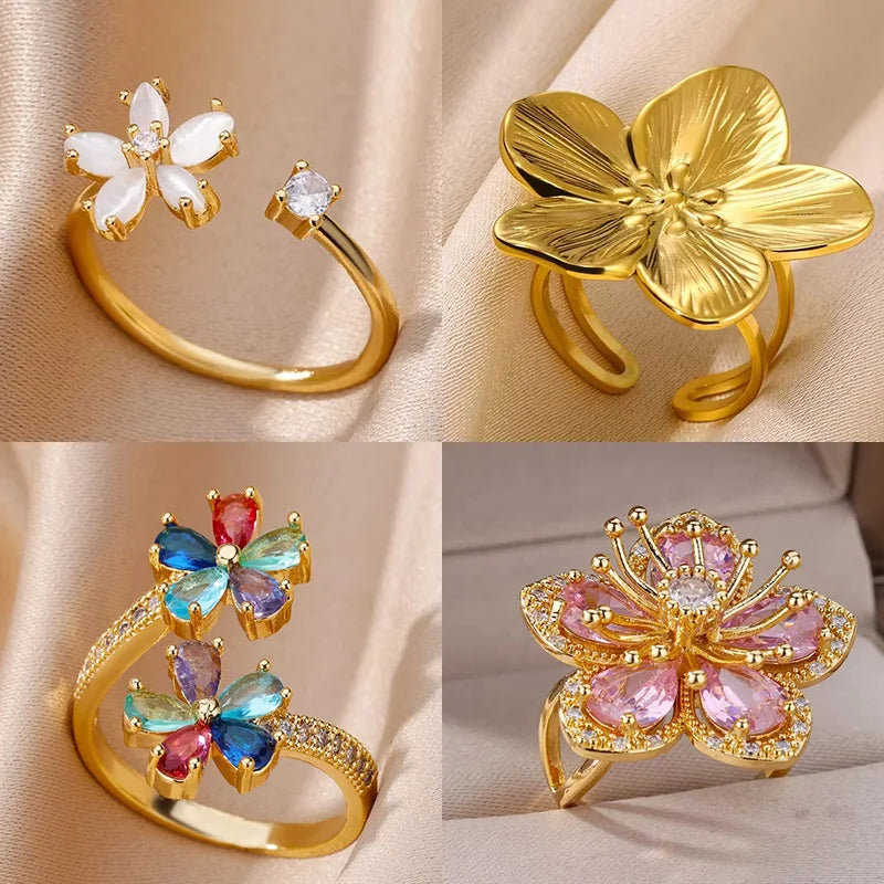 Colored Zircon Double Flower Ring for Women Gold Plated Stainless Steel Wedding Jewelry Gift