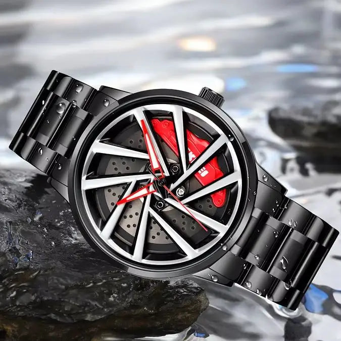 Men's Quartz Watch with Rotating Car Wheel Dial Waterproof Sports Racing Style