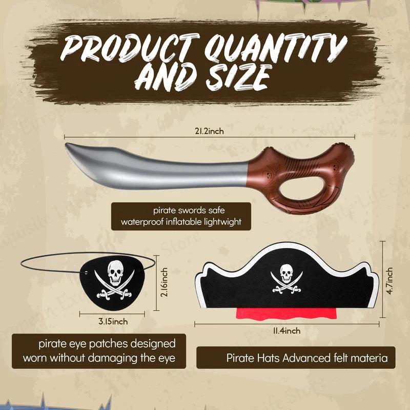 Pirate Party Favors Set for Kids - Includes Hats, Eye Patches & Inflatable Swords