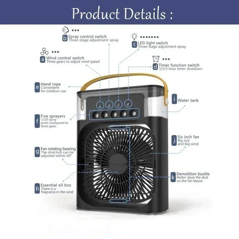 Portable 3-in-1 Air Cooler Fan Humidifier with LED Light USB Rechargeable