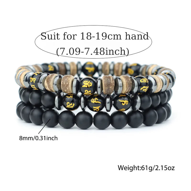 Natural Stone Men’s Beaded Bracelet Set - Onyx, Tiger Eye, Wooden Charm Gift