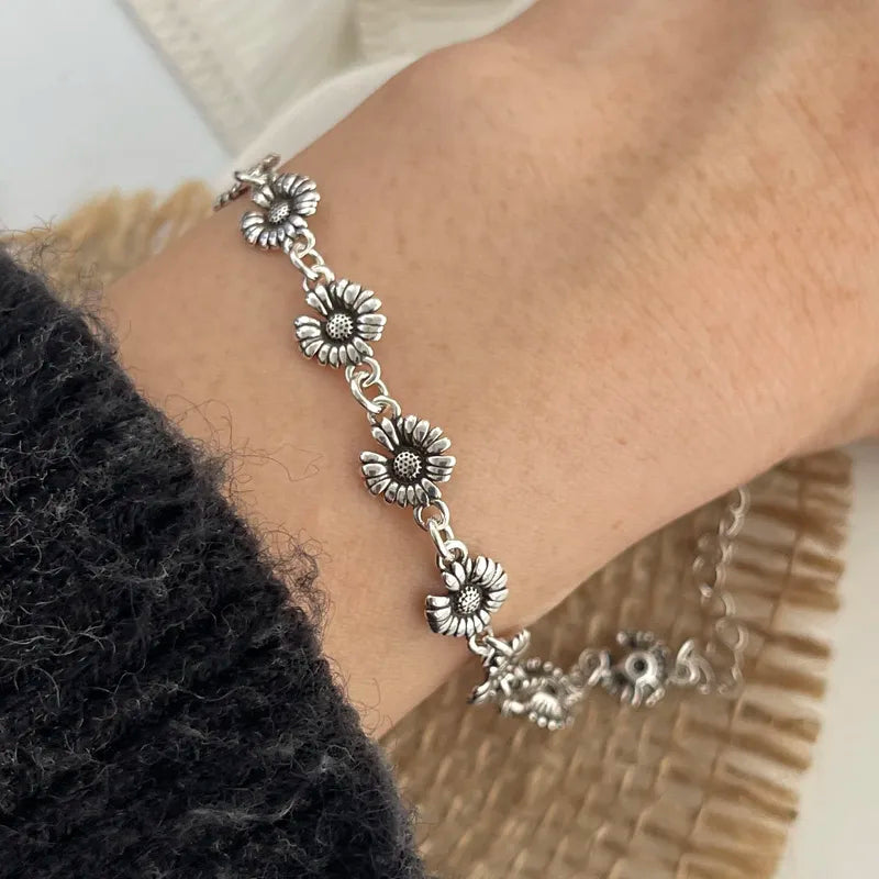 925 Sterling Silver Retro Flower Bracelet for Women & Men Handmade Vintage Jewelry Gift