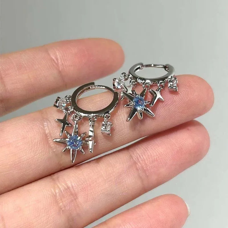 Y2K Blue Zircon Star Tassel Earrings for Women Men Silver Jewelry Gift