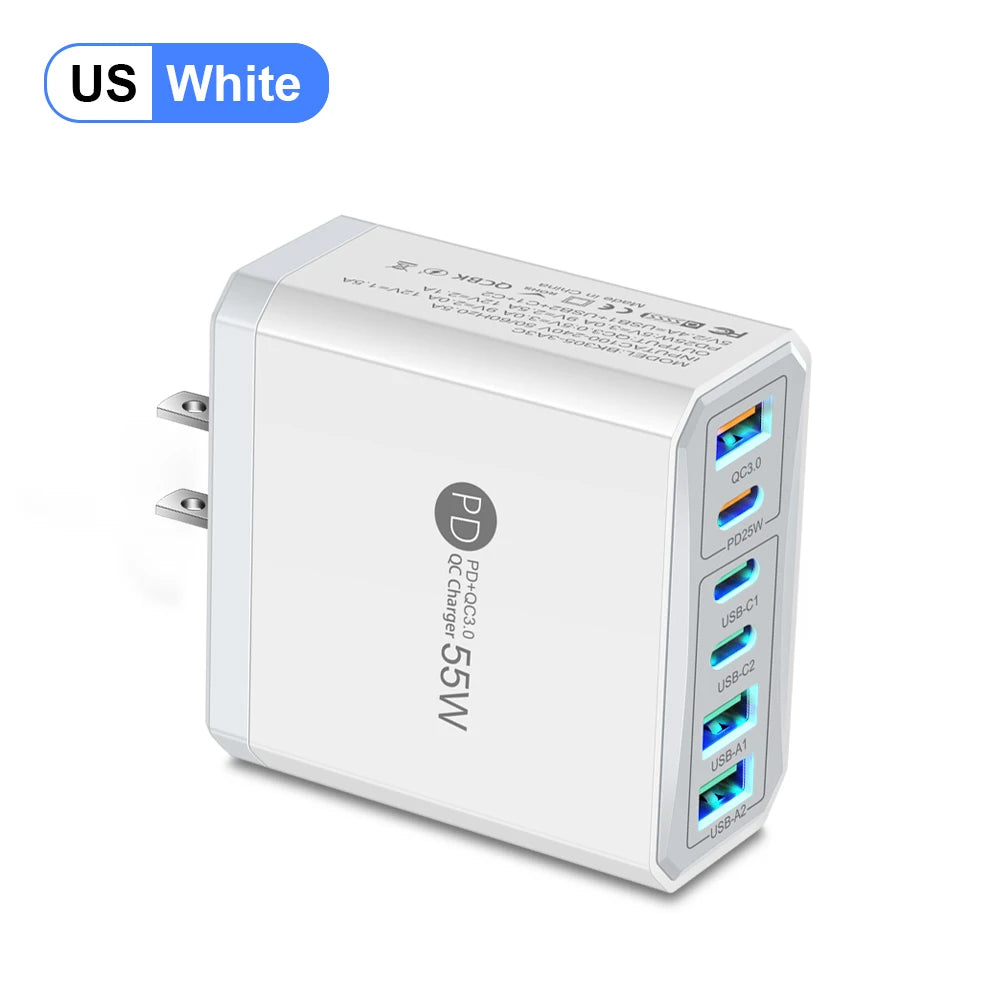 55W Multi-USB Fast Charging Travel Power Adapter with EU US UK AU Plugs