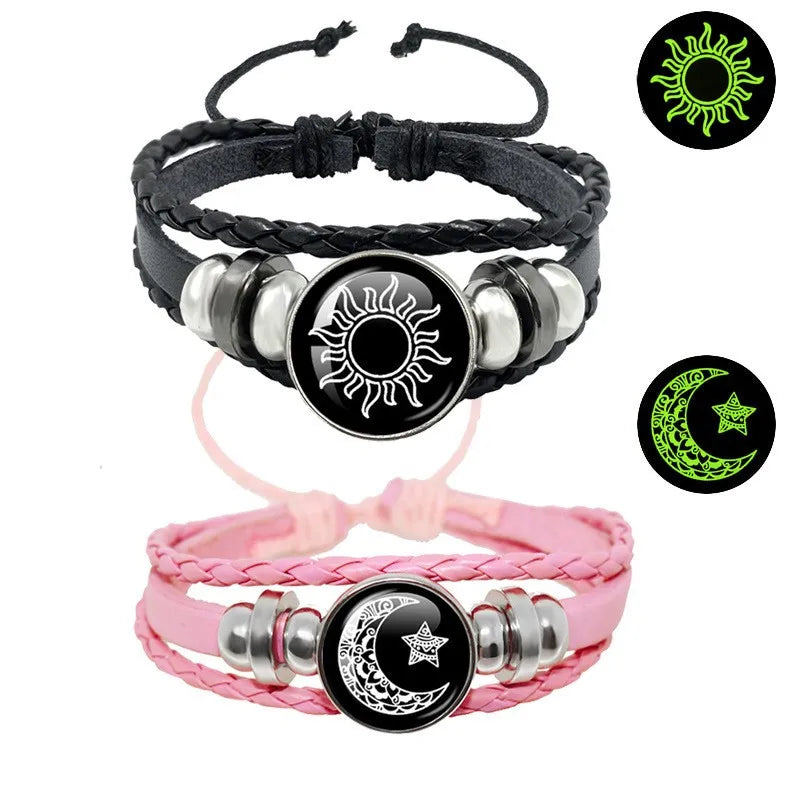 Leather Sun and Moon Couple Bracelets Set - Adjustable Multi-Layered Beaded Jewelry