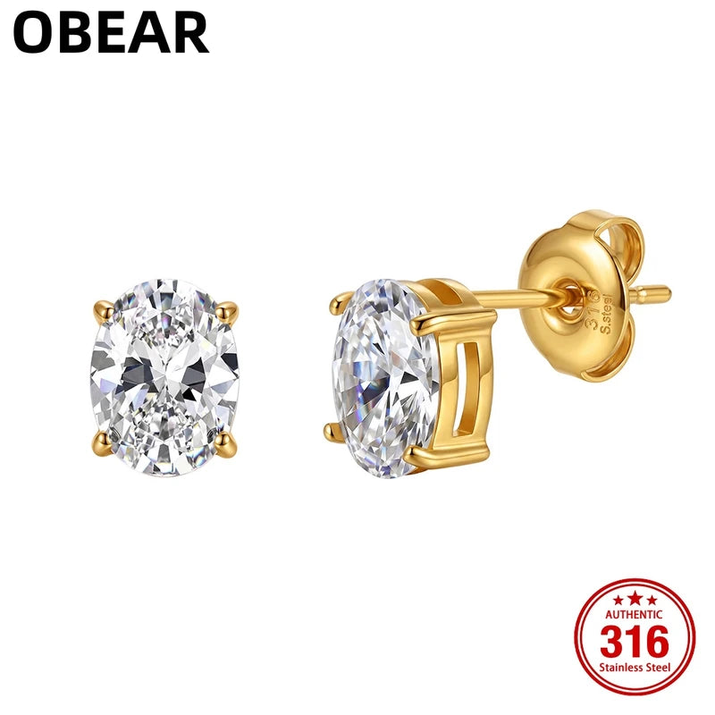 Minimalist 18K Gold Plated Stainless Steel Cubic Zirconia Stud Earrings for Women