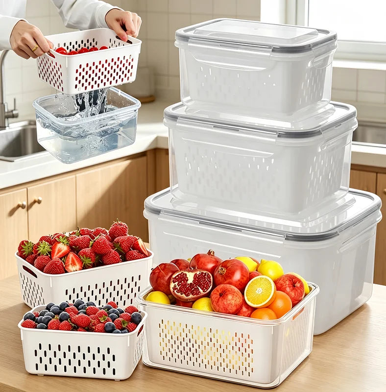 Plastic Food Storage Container Set with Lid for Fruits Vegetables Meat - Reusable Kitchen Organizer