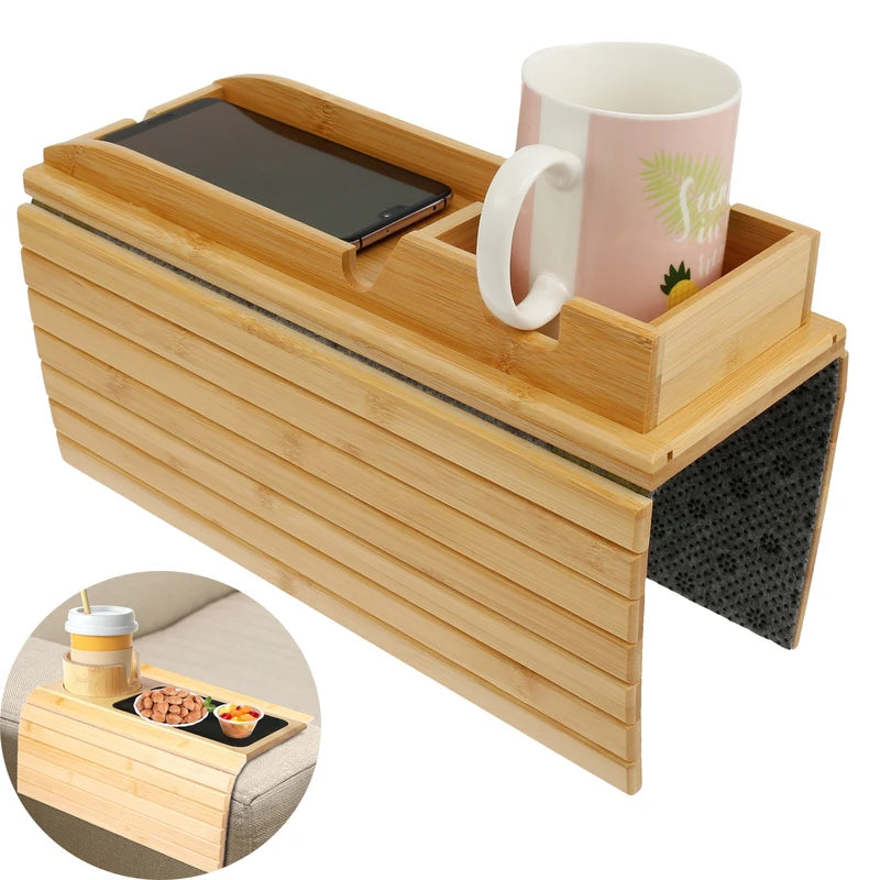 Foldable Bamboo Couch Cup Holder Tray for Sofa Armrest - Non-Slip Sofa Side Storage