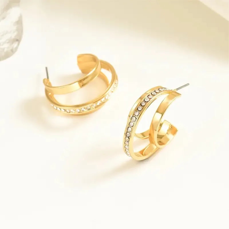 Simple Zircon C Shape Earrings for Women Three-Layer Circle Jewelry Gift