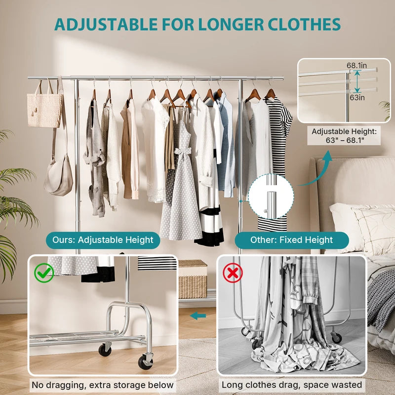 Heavy Duty Clothes Rack with Wheels and Adjustable Top Hanging Rod - Entryway Storage Organizer for Home