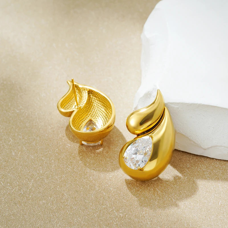 Gold Chunky Double Teardrop Earrings with Clear Crystals for Women