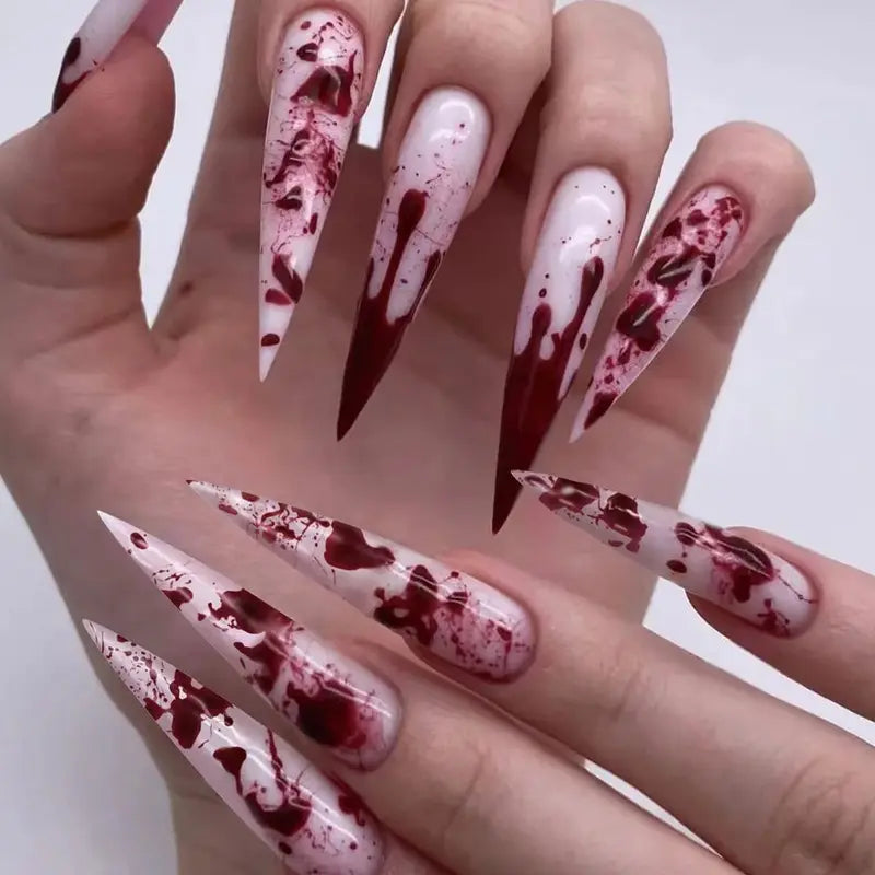Halloween Bloodstain Nail Art False Nails with Glue - Long Pointed Detachable Design