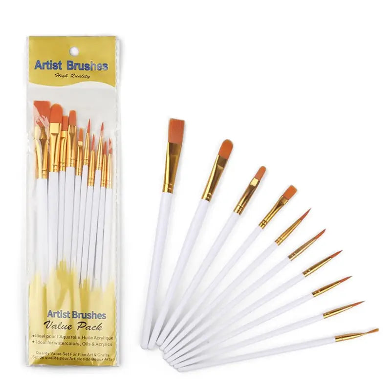 10Pcs Artist Paint Brush Set Nylon Watercolor & Oil Painting Brushes