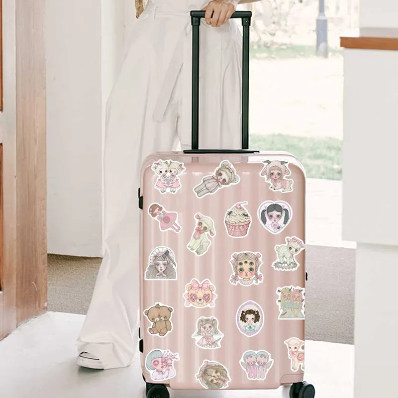 50pcs Pink Creepy Girl Sticker Set Waterproof Vinyl Decals for Laptop Skateboard Suitcase