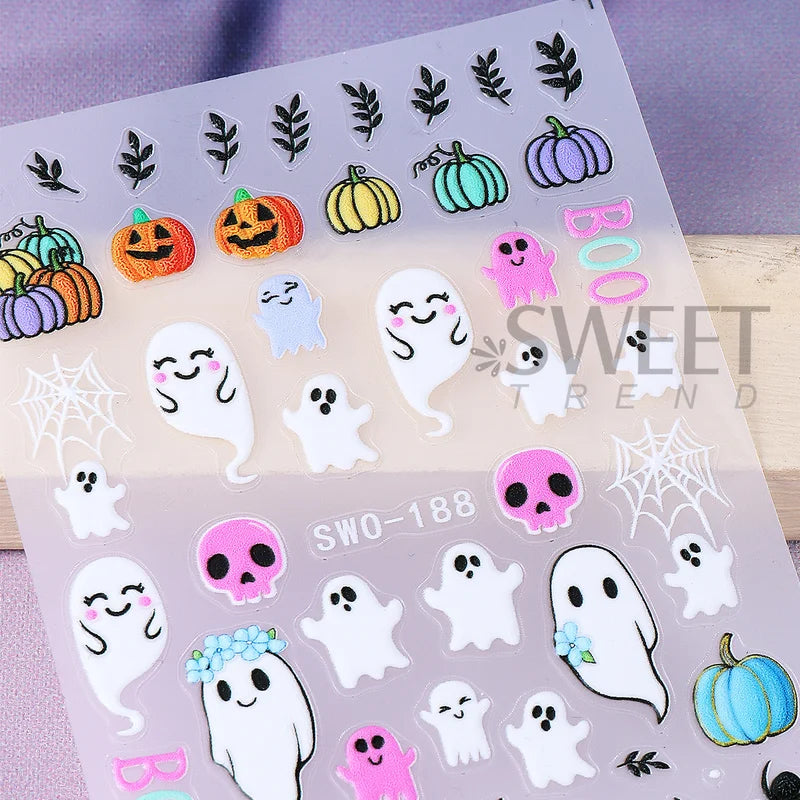 Halloween Nail Decals 2 Sheets Adorable Ghosts Pumpkins Spider Web Bat Lollipops