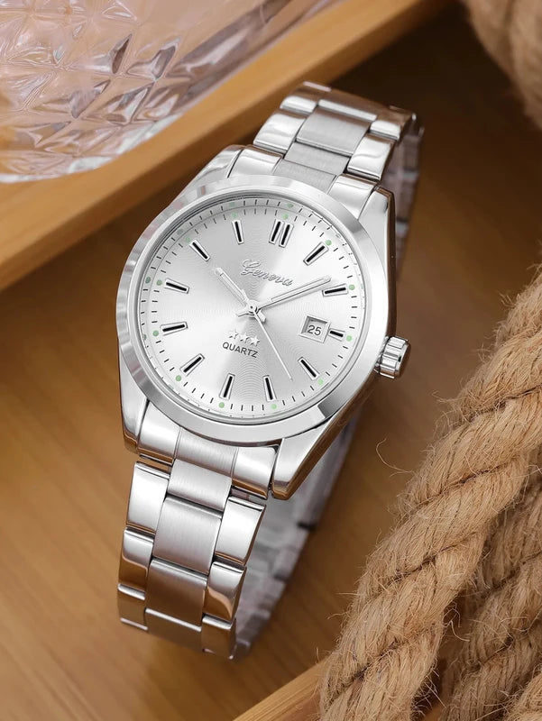 Ladies Quartz Watch Steel Band with Calendar Minimalist Design Daily Fashion Accessory