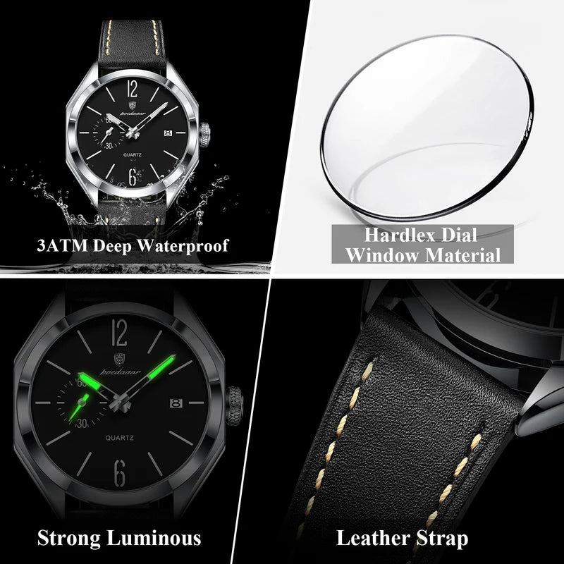 Men's Waterproof Leather Quartz Watch with Luminous Dial and Date Function