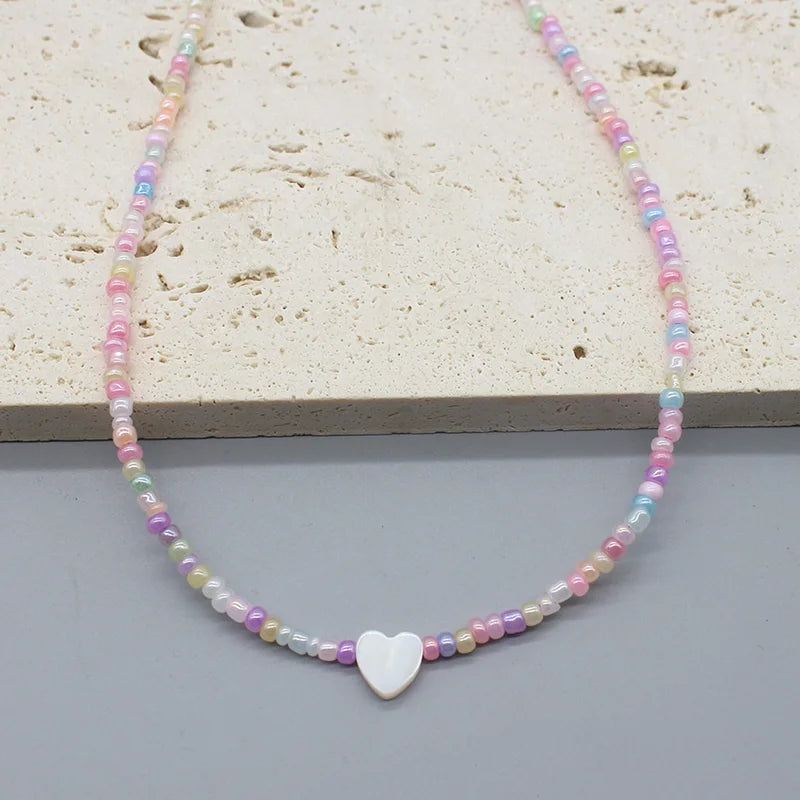 Colorful Seed Beads & Shell Letter Heart Necklace Boho Pendant Jewelry for Women