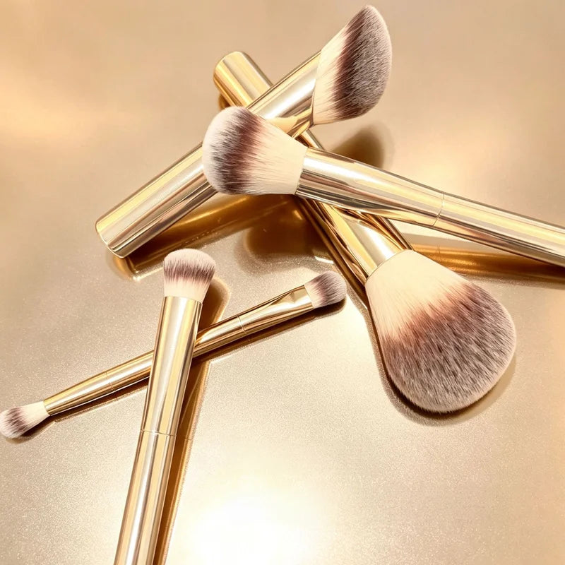 Travel Face and Eye Brush Set with Gold Finish & Pouch - Makeup Tools
