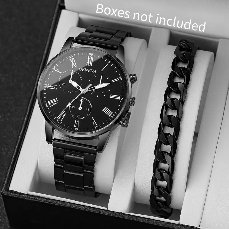 Men's Fashion Quartz Wrist Watch & Bracelet Set Black, Rose, Bronze