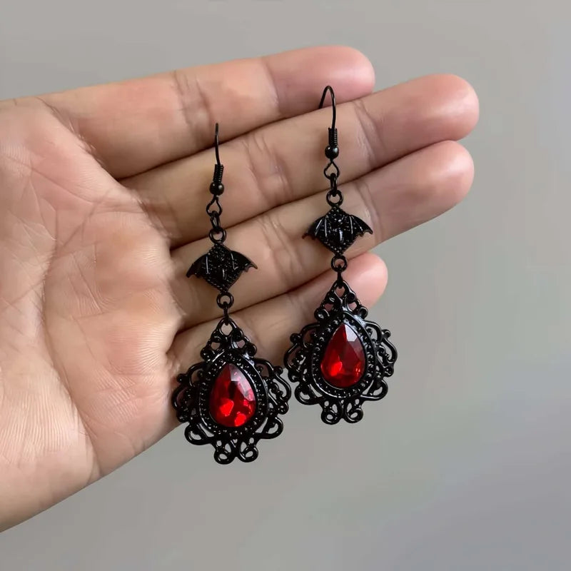 Gothic Vampire Bat Cross Earrings for Men Women Halloween Jewelry - Deep Red Glass Crystals