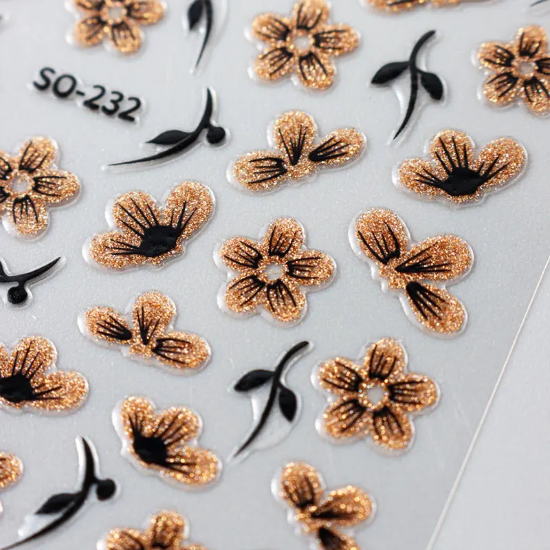 2 Pack Gold Black Glitter Flower Nail Decals - Watercolor Floral Stickers