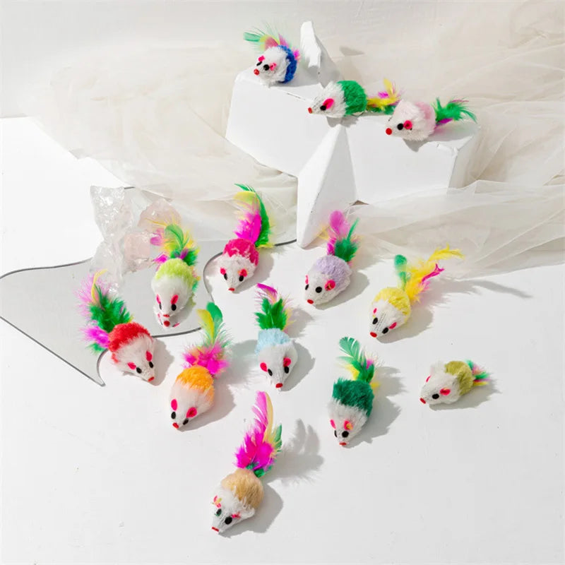 Plush Cat Toys Set - Rainbow Mouse Feather Fur Play Toys for Kittens & Cats