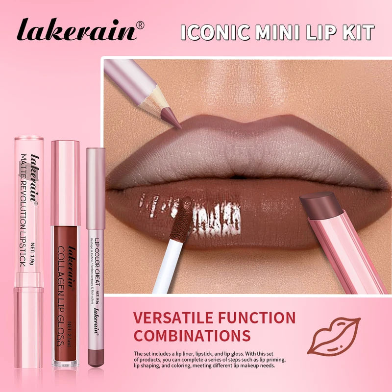 3-Piece Lip Makeup Set with Lip Liner Lip Gloss and Lipstick - Long-Lasting Hydrating Travel Mini Kit