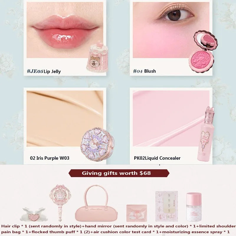 Complete Makeup Gift Set with Lip Cream Blush Cushion BB Concealer & Hydrating Essence in Cosmetic Bag