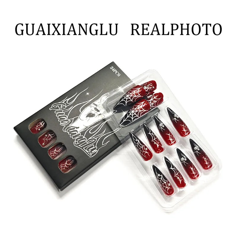 Halloween False Nails 24pcs Glossy Gradient Almond Press-On Fake Nails Gothic Style
