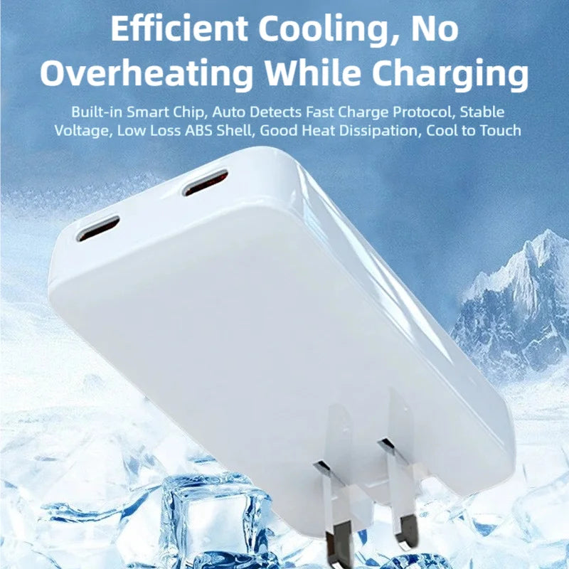 65W Gallium Nitride Travel Charger with Dual USB-C & USB-A Ports, Multi-country Plugs