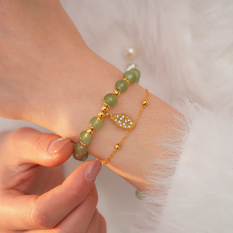 Green Jade Bracelet for Women - Exquisite Gold Leaves Wrist Strap Bangle